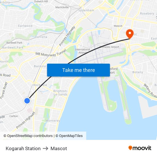 Kogarah Station to Mascot map