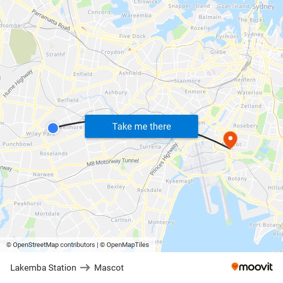 Lakemba Station to Mascot map