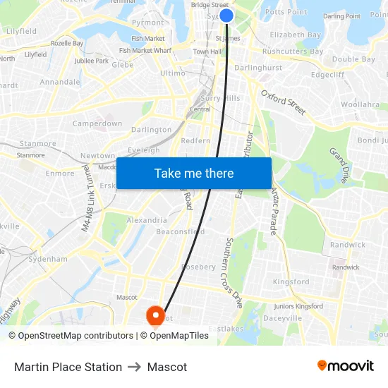 Martin Place Station to Mascot map