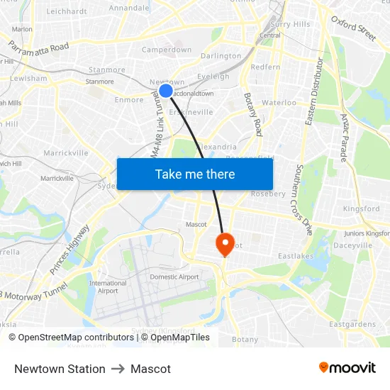 Newtown Station to Mascot map