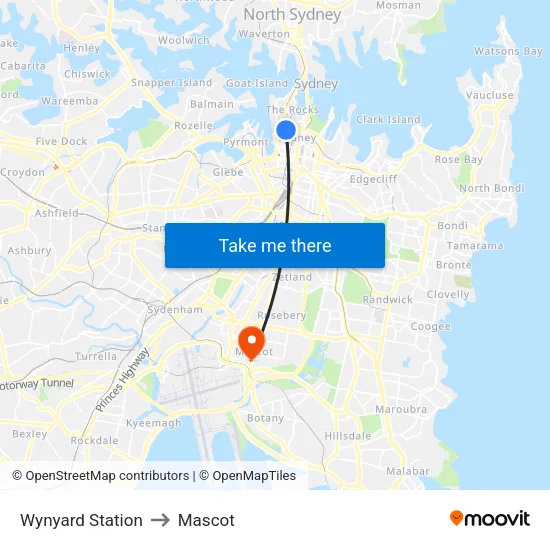 Wynyard Station to Mascot map
