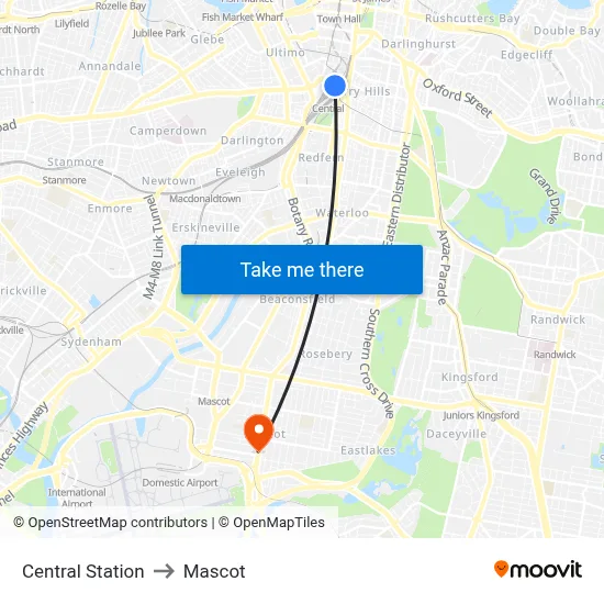 Central Station to Mascot map