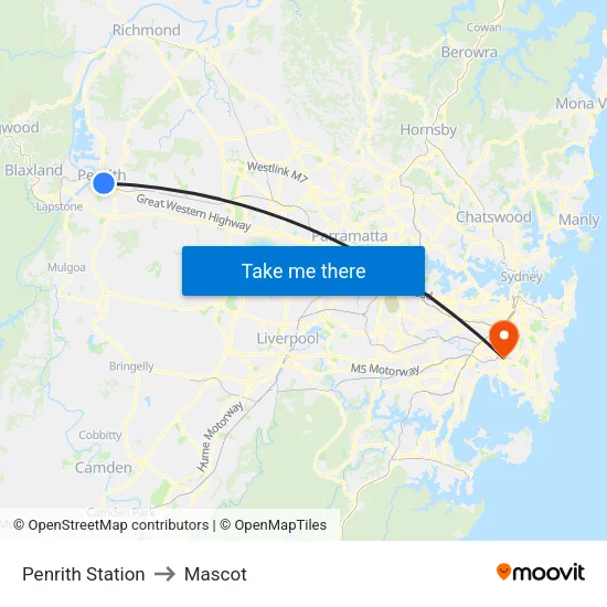 Penrith Station to Mascot map