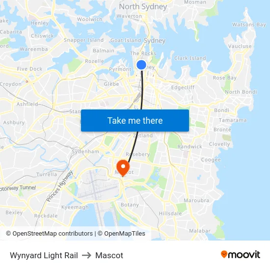 Wynyard Light Rail to Mascot map