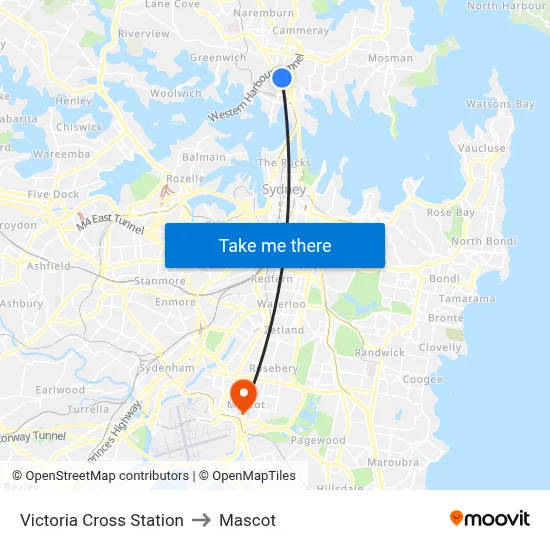 Victoria Cross Station to Mascot map
