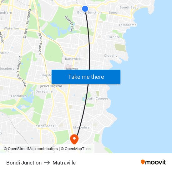 Bondi Junction to Matraville map