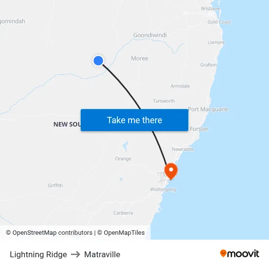 Lightning Ridge to Matraville map