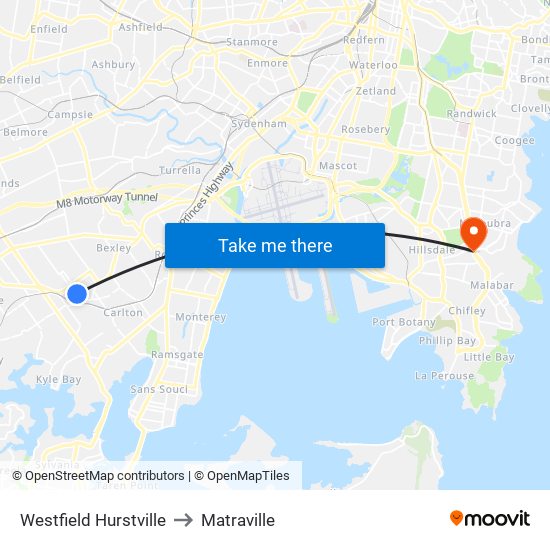 Westfield Hurstville to Matraville map