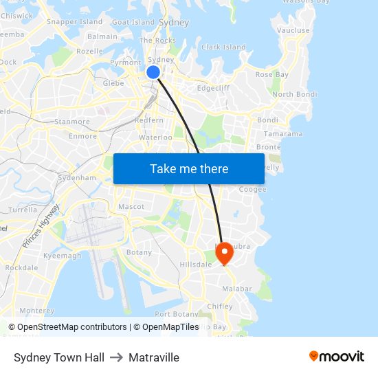 Sydney Town Hall to Matraville map