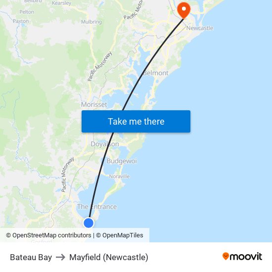 Bateau Bay to Mayfield (Newcastle) map