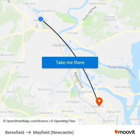 Beresfield to Mayfield (Newcastle) map