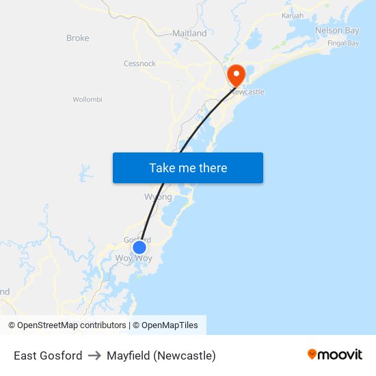 East Gosford to Mayfield (Newcastle) map