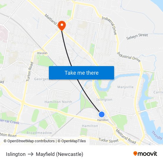 Islington to Mayfield (Newcastle) map