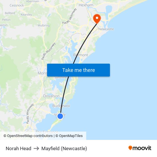 Norah Head to Mayfield (Newcastle) map