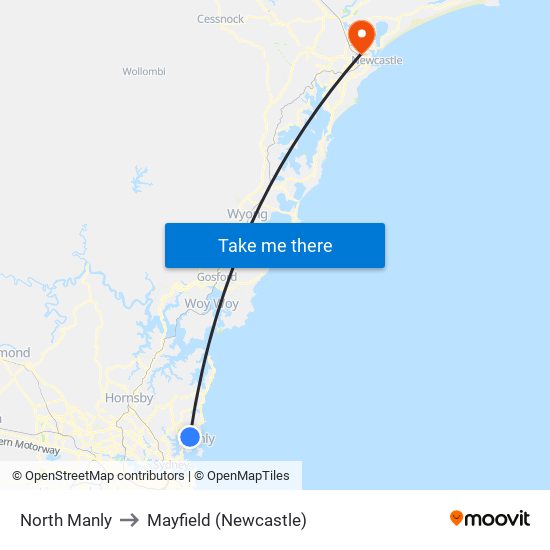 North Manly to Mayfield (Newcastle) map