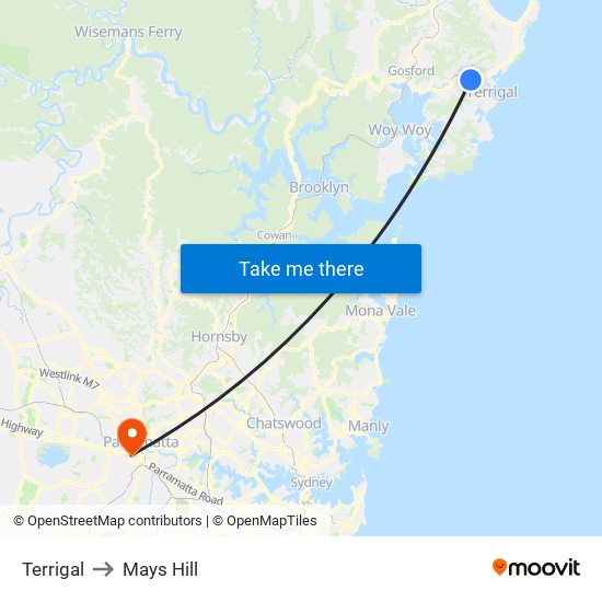 Terrigal to Mays Hill map