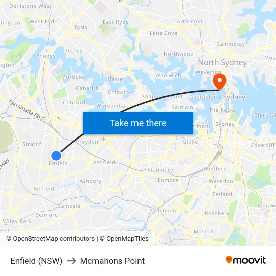 Enfield (NSW) to Mcmahons Point map