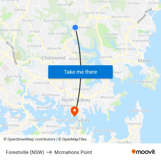 Forestville (NSW) to Mcmahons Point map