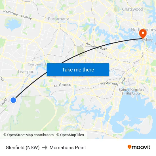 Glenfield (NSW) to Mcmahons Point map