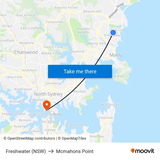 Freshwater (NSW) to Mcmahons Point map