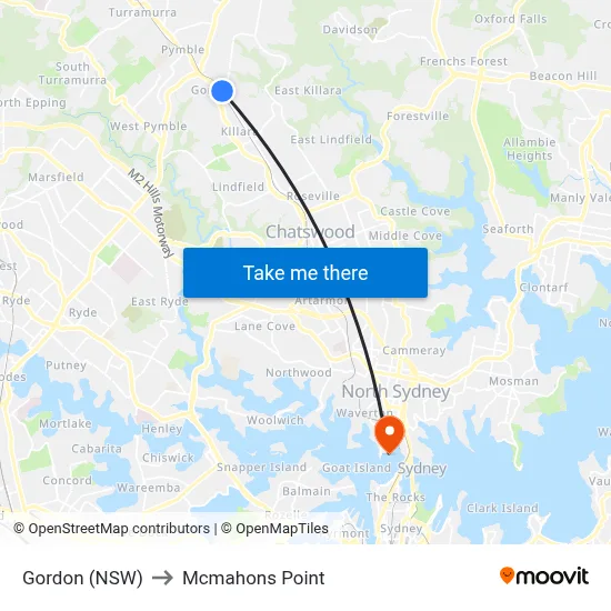 Gordon (NSW) to Mcmahons Point map