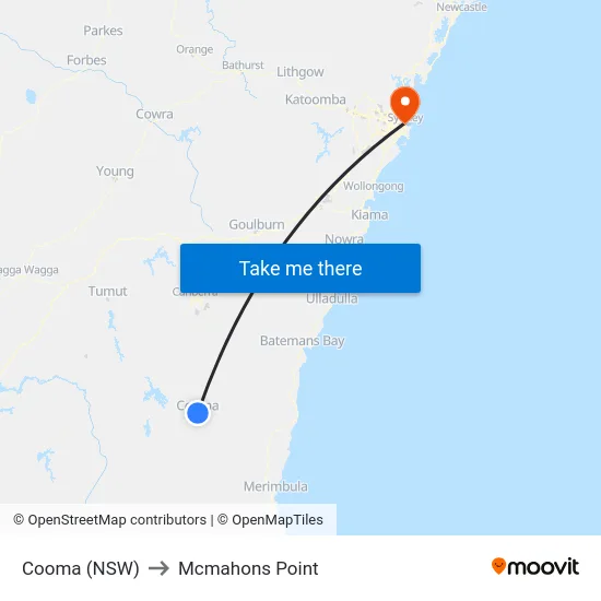 Cooma (NSW) to Mcmahons Point map