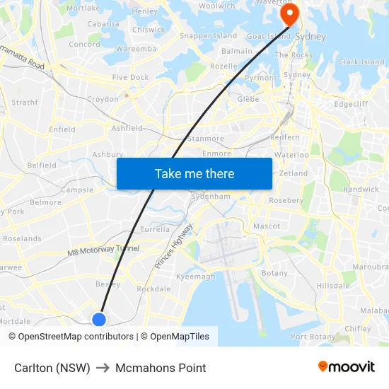 Carlton (NSW) to Mcmahons Point map