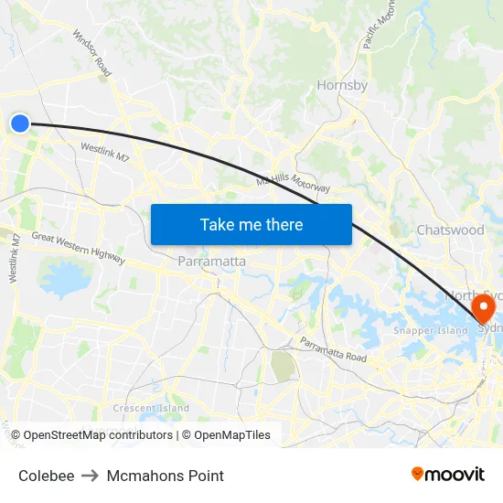 Colebee to Mcmahons Point map