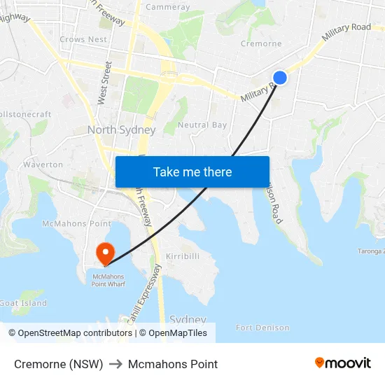 Cremorne (NSW) to Mcmahons Point map