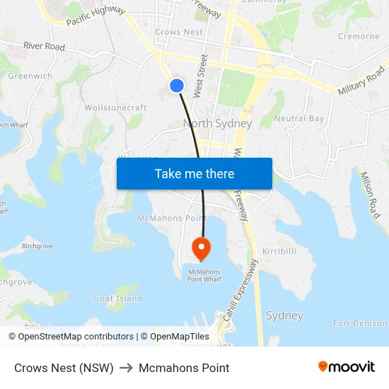 Crows Nest (NSW) to Mcmahons Point map