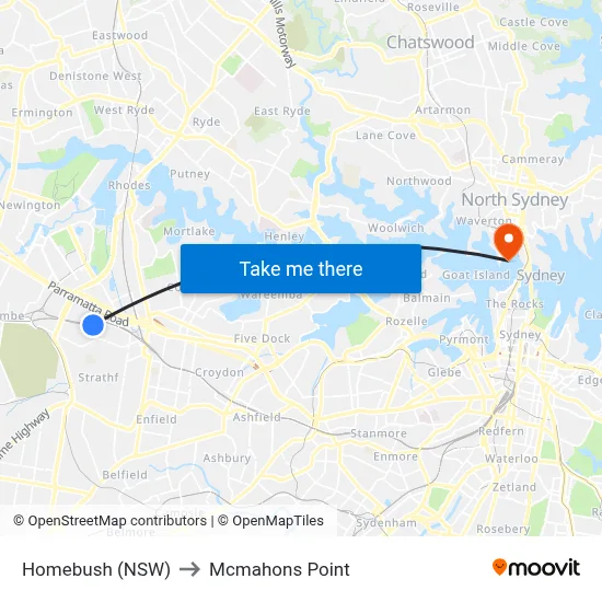 Homebush (NSW) to Mcmahons Point map