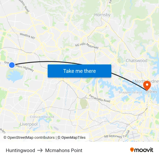 Huntingwood to Mcmahons Point map