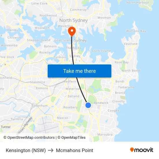 Kensington (NSW) to Mcmahons Point map