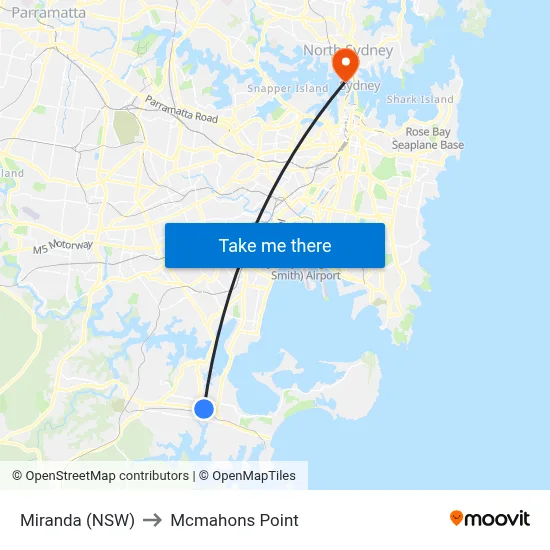 Miranda (NSW) to Mcmahons Point map