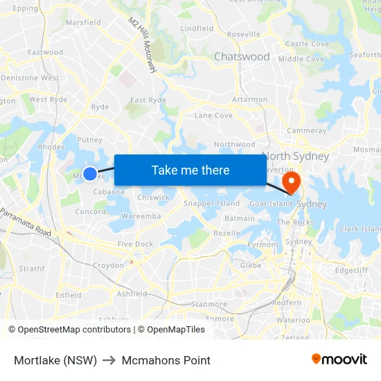 Mortlake (NSW) to Mcmahons Point map