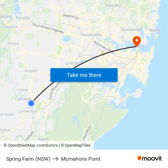 Spring Farm (NSW) to Mcmahons Point map