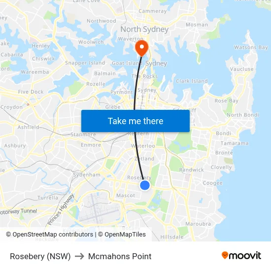 Rosebery (NSW) to Mcmahons Point map