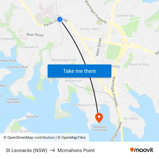 St Leonards (NSW) to Mcmahons Point map