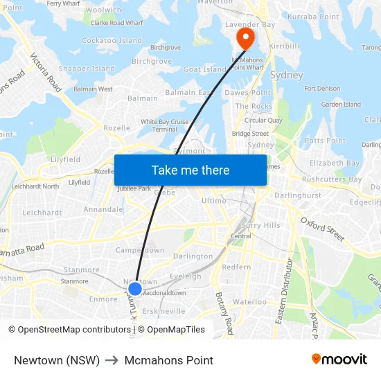Newtown (NSW) to Mcmahons Point map