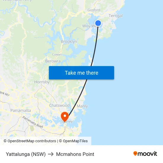 Yattalunga (NSW) to Mcmahons Point map