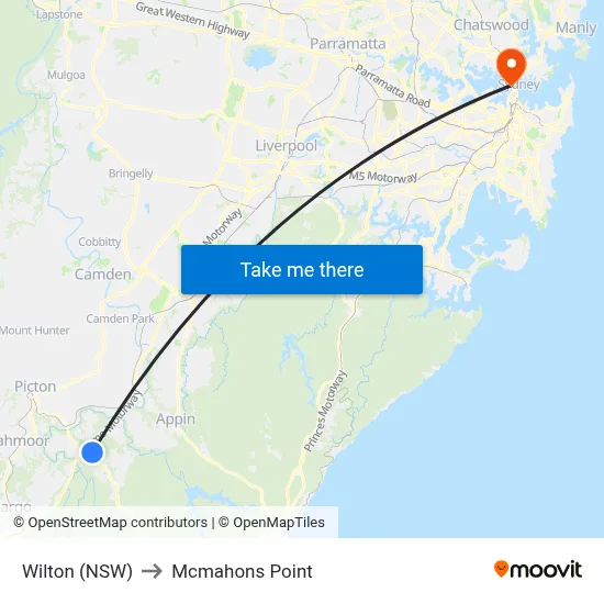 Wilton (NSW) to Mcmahons Point map