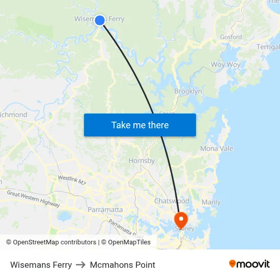 Wisemans Ferry to Mcmahons Point map