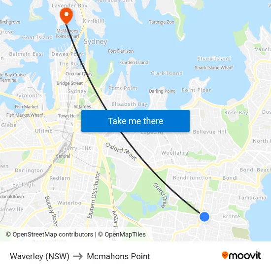 Waverley (NSW) to Mcmahons Point map