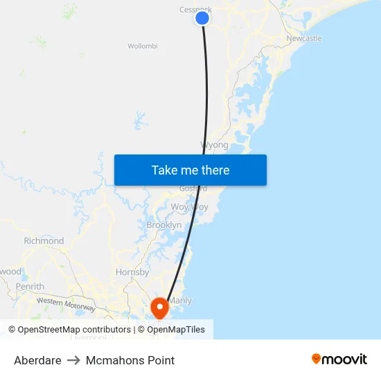 Aberdare to Mcmahons Point map