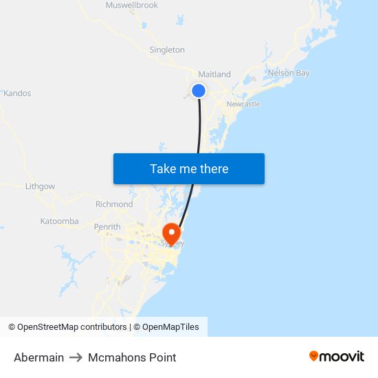 Abermain to Mcmahons Point map