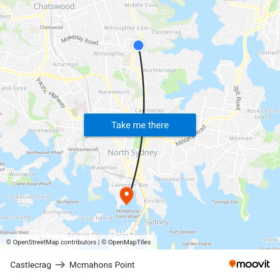 Castlecrag to Mcmahons Point map