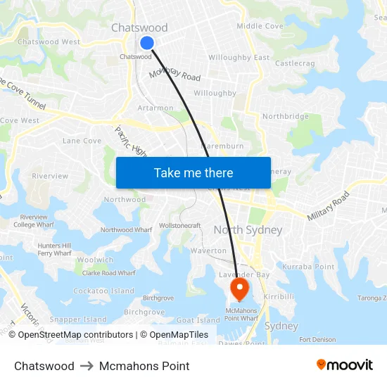 Chatswood to Mcmahons Point map