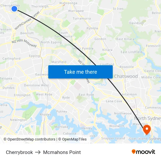 Cherrybrook to Mcmahons Point map