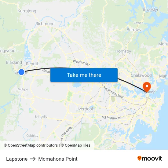Lapstone to Mcmahons Point map