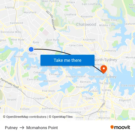 Putney to Mcmahons Point map